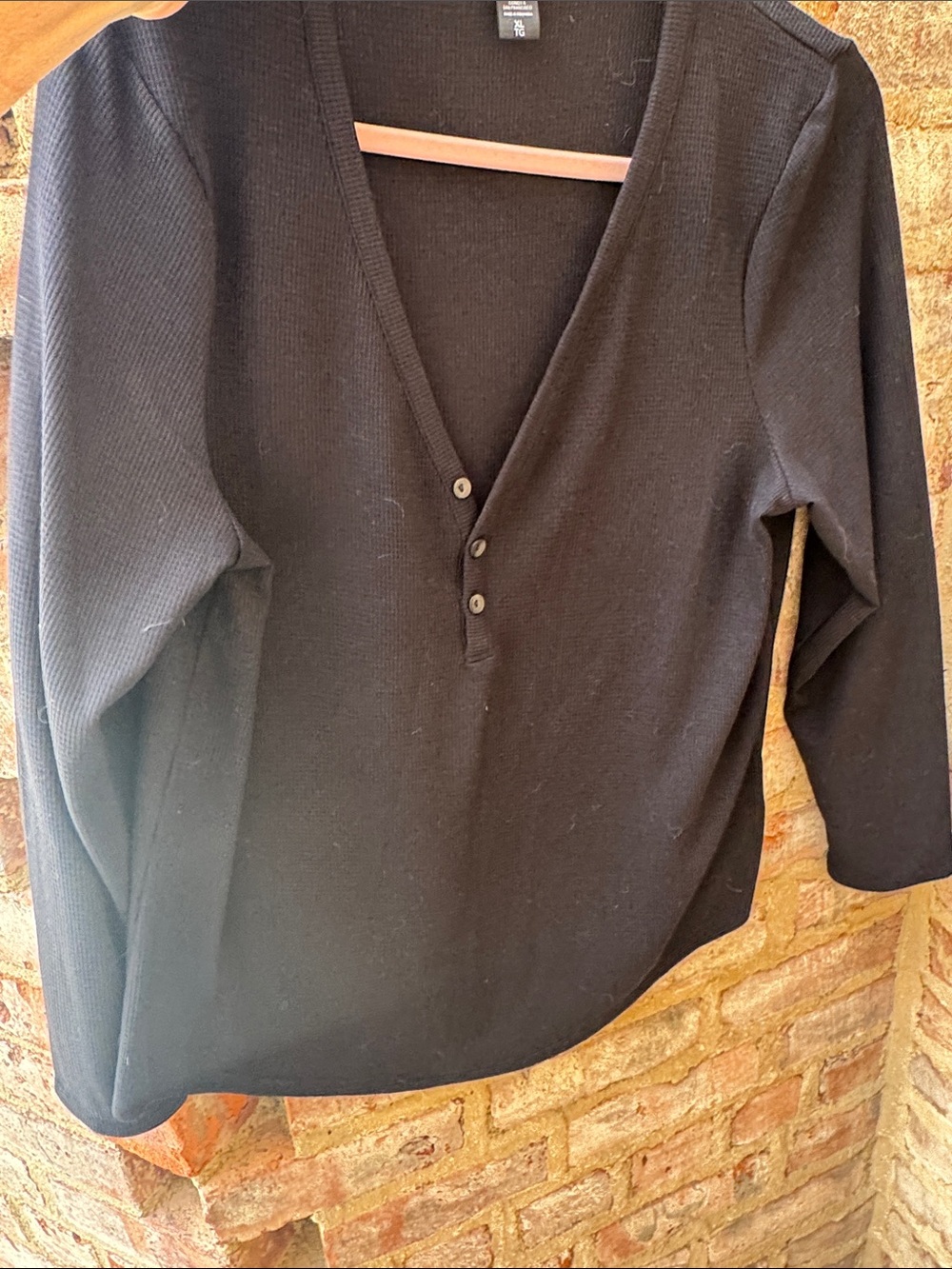 Athleta Black Ribbed V‑Neck Henley Long Sleeve Top